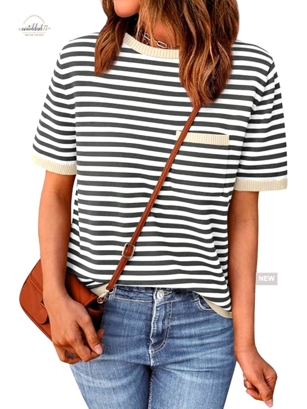 Striped Short Sleeve Cotton Sweater Pullover with Chest Pocket